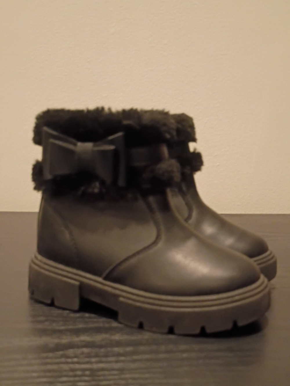 Girls' Black Faux-Fur Ankle Boots with Bow Accent
